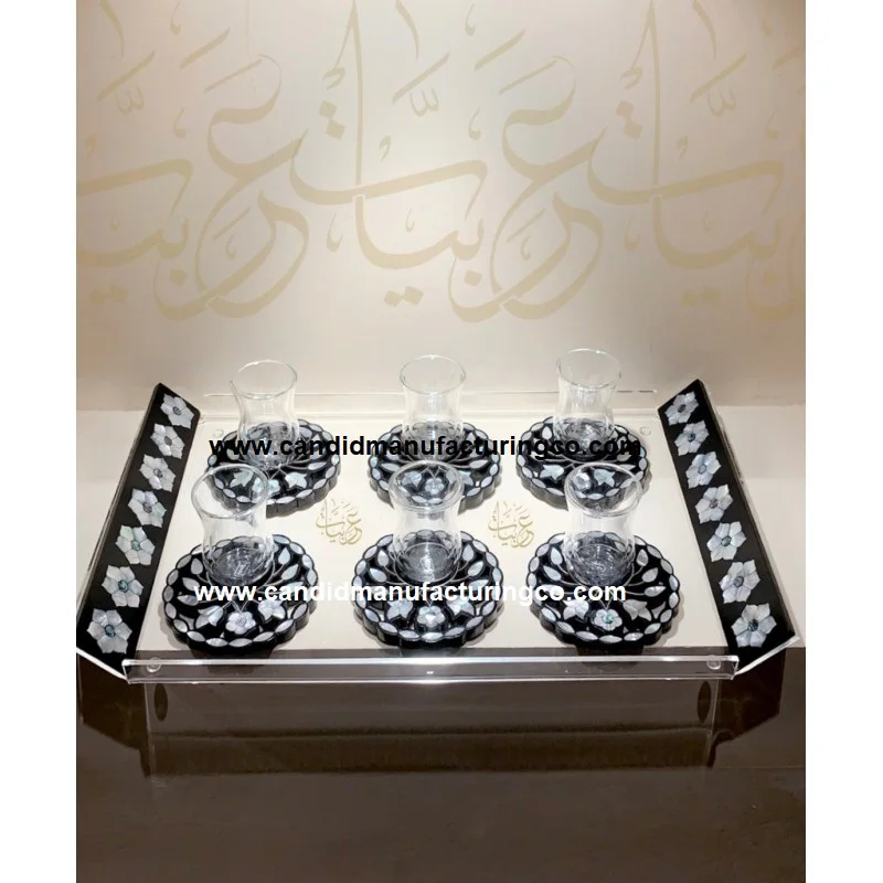 Candid Manufacturing Co Luxury Design of Acrylic Tray with Mother of Pearl Tray with Arabic Platter or Coasters / Plates Arabic