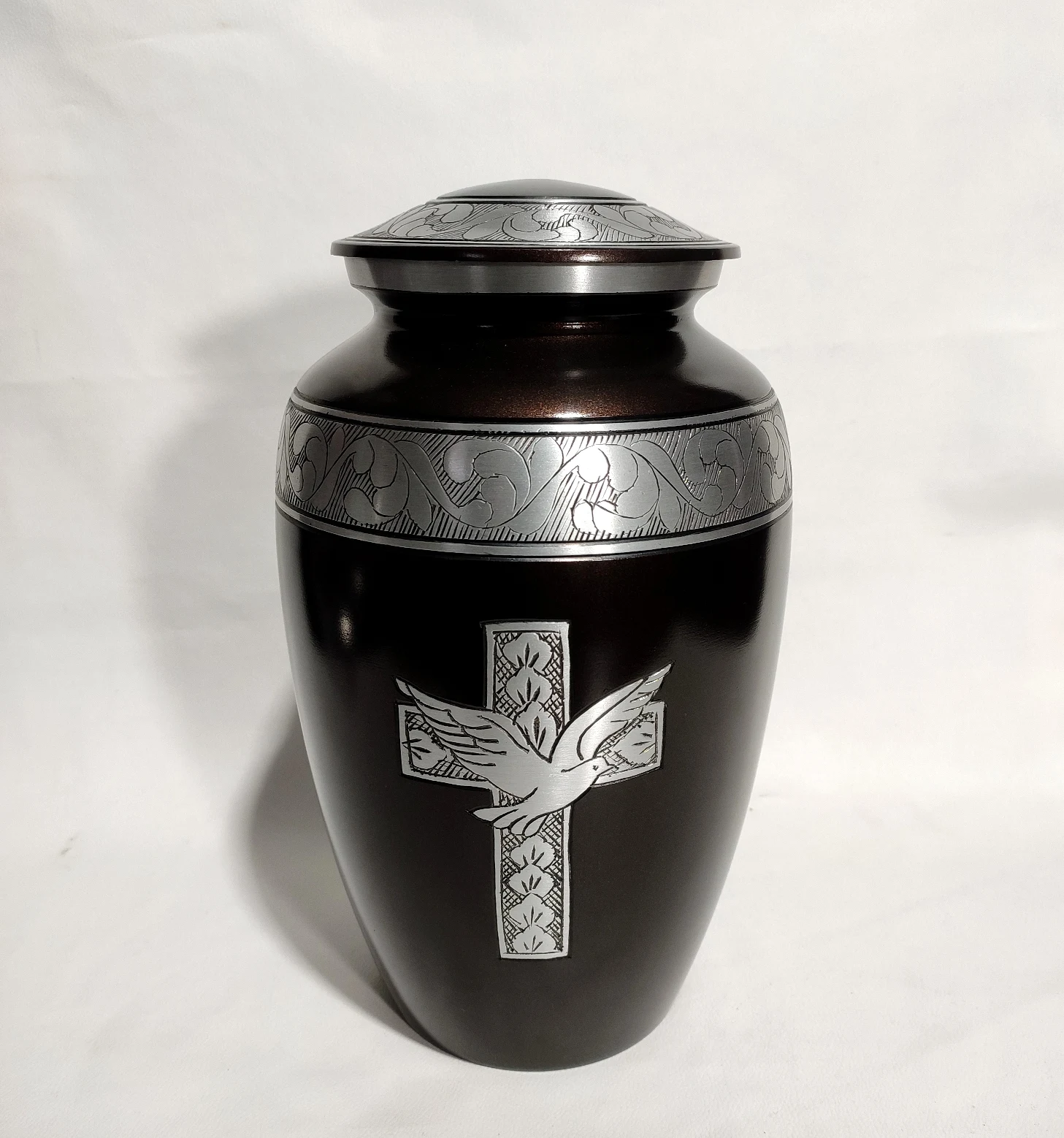 Crucifix Engraving Cremation Urn Handmade Aluminum Casted Engraved Funeral Adult Cremation Urn By The Muse Inc
