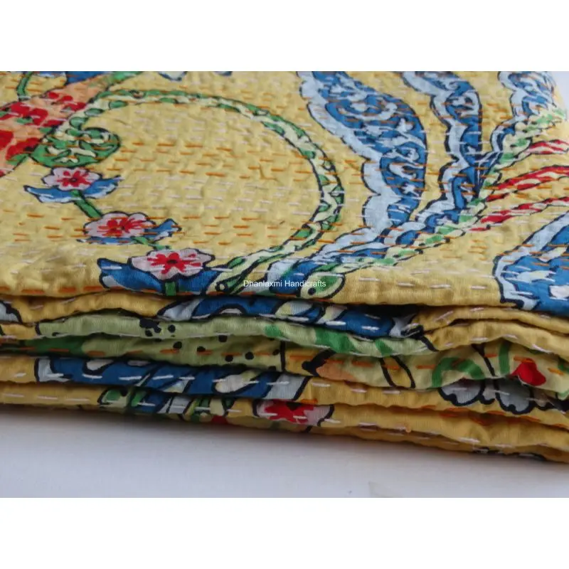 Новое индийское желтое покрывало Kantha с принтом птиц красивое домашнее украшение оптовая продажа Хлопковое одеяло ручной работы
