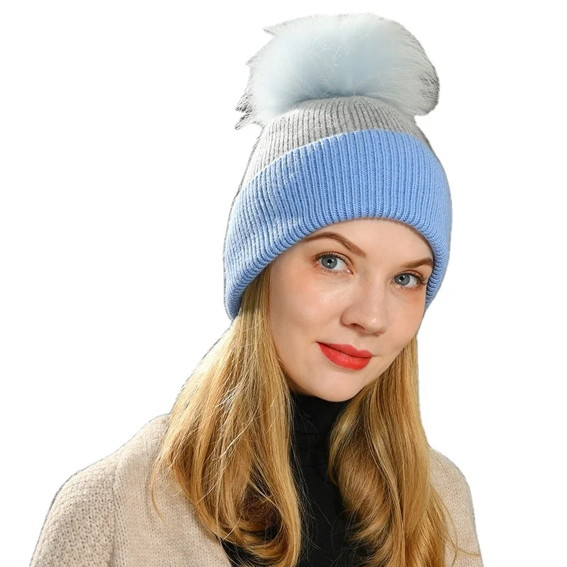New Fashion Warm Real Fur Bobble Hat Winter Women Fur Hat Ball Top Wholesale Fur Pom Custom Beanie Hat