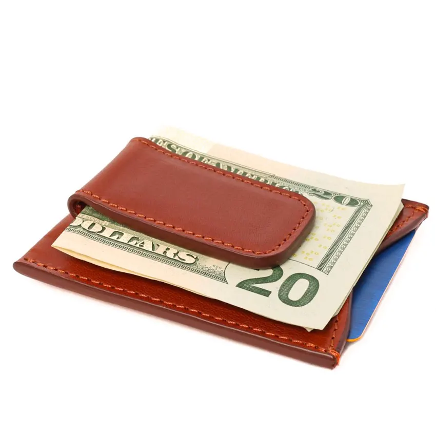 Мужской тонкий кожаный кошелек с зажимом для денег и логотипом производителя