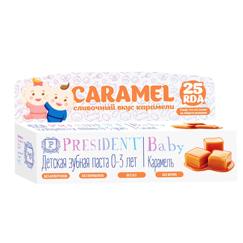 Toothpaste PRESIDENT Baby 0-3 Caramel (25 RDA) w/o fluoride 30 ml healthcare products distributor required