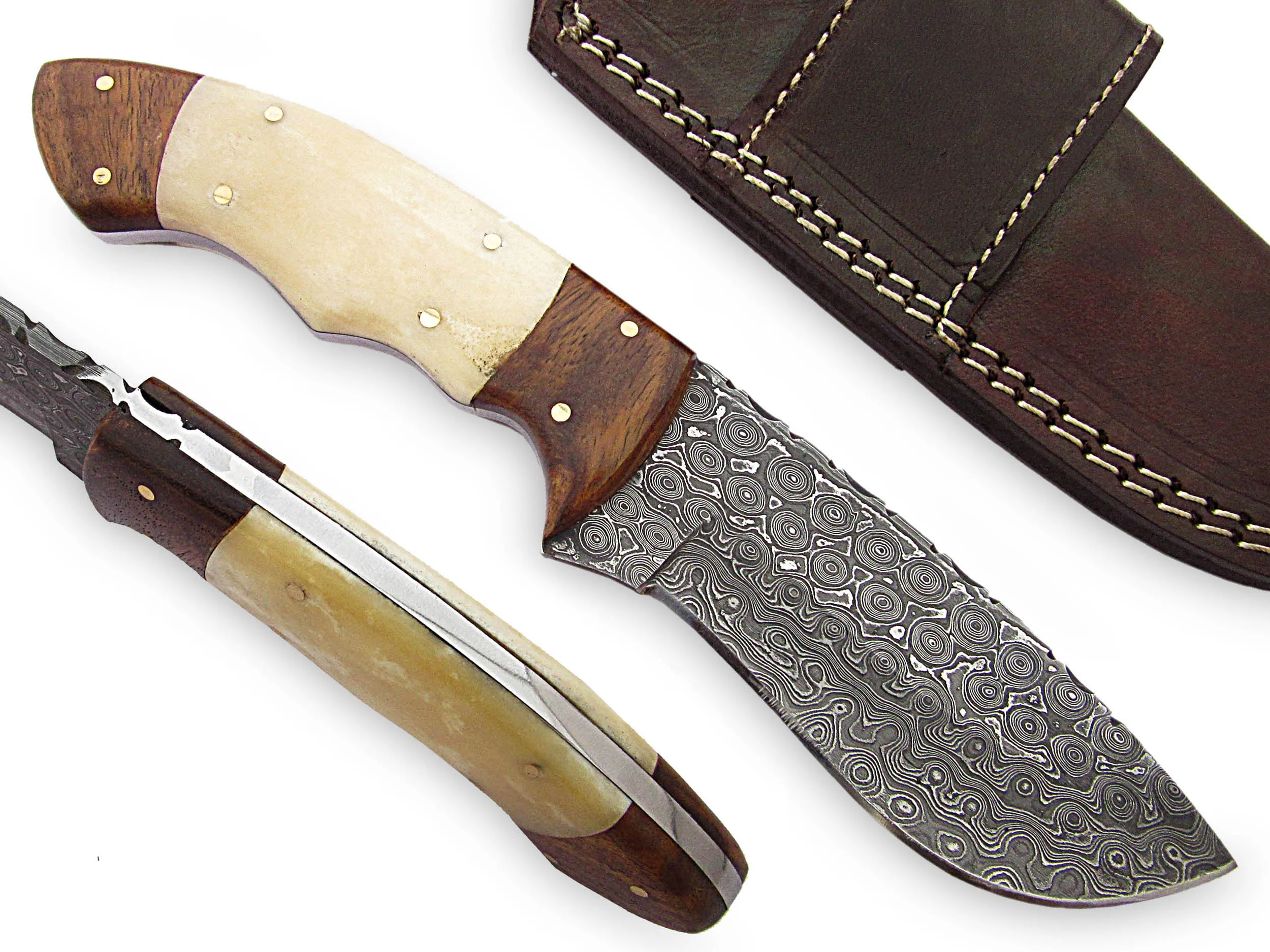 Сделанный на заказ охотничий нож из дамасской стали Верблюжьей Кости и розового дерева с кожаным футляром 001