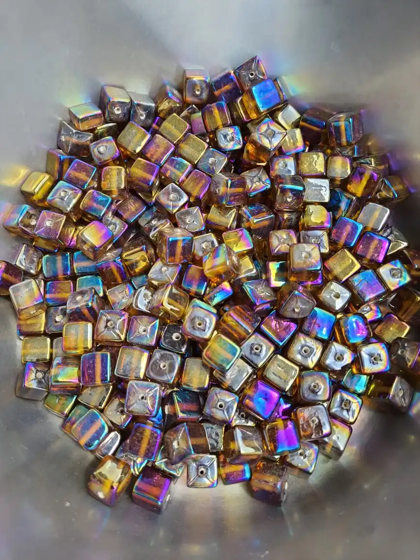 Shiny blue square shaped best grade glass beads in rainbow polish