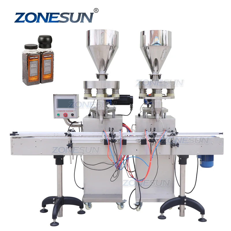 ZONESUN Automatic Double Heads Volumetric Cup Coffer Bean Particle Granule Bottle Filling Machine Grain Food Packaging Machine
