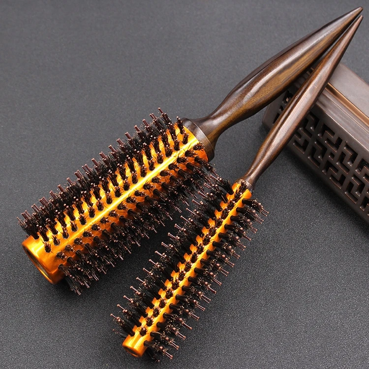 Handle Wooden Aluminum Tube Natural Boar Bristle Round Rolling Curly Hair Comb Hair Drying Styling Curling Hairbrush