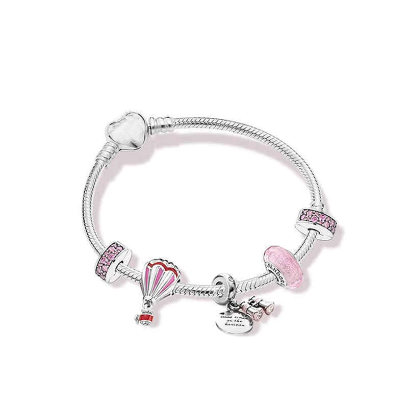 
Hotsale 925 sterling silver Pink hot air balloon Charm bracelet chain suitable for women Jewelry 