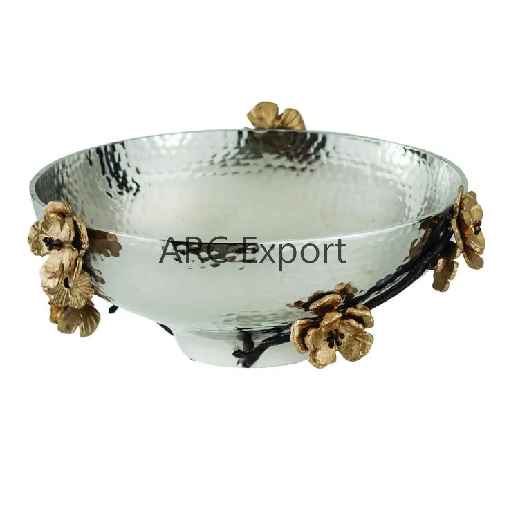 Modern Design Tableware Serving Bowl Dry Fruits Dates Sweet Serving Bowl Oval Shape Flower Metal Leaf Handle Serving Bowls