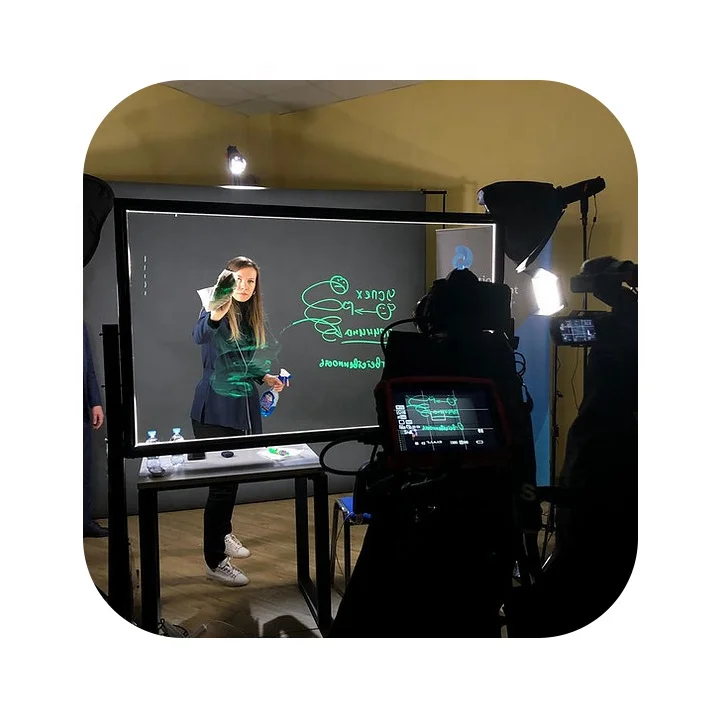 
 Размер светлой/белой доски 100x150 см, прозрачное стекло + металлическая рамка (с порошковым покрытием черного цвета), использование для трансляций/вебинаров/видео уроков  