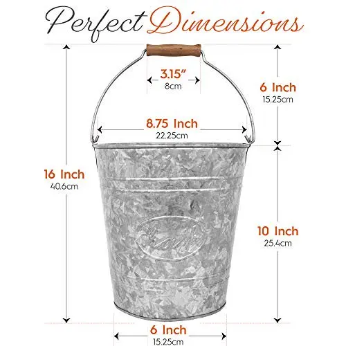 Galvanized Trash Can Small Bathroom Waste Bin Embossed Rings Oval Label and Turned Wood Handle add Farmhouse Warmth and Charm