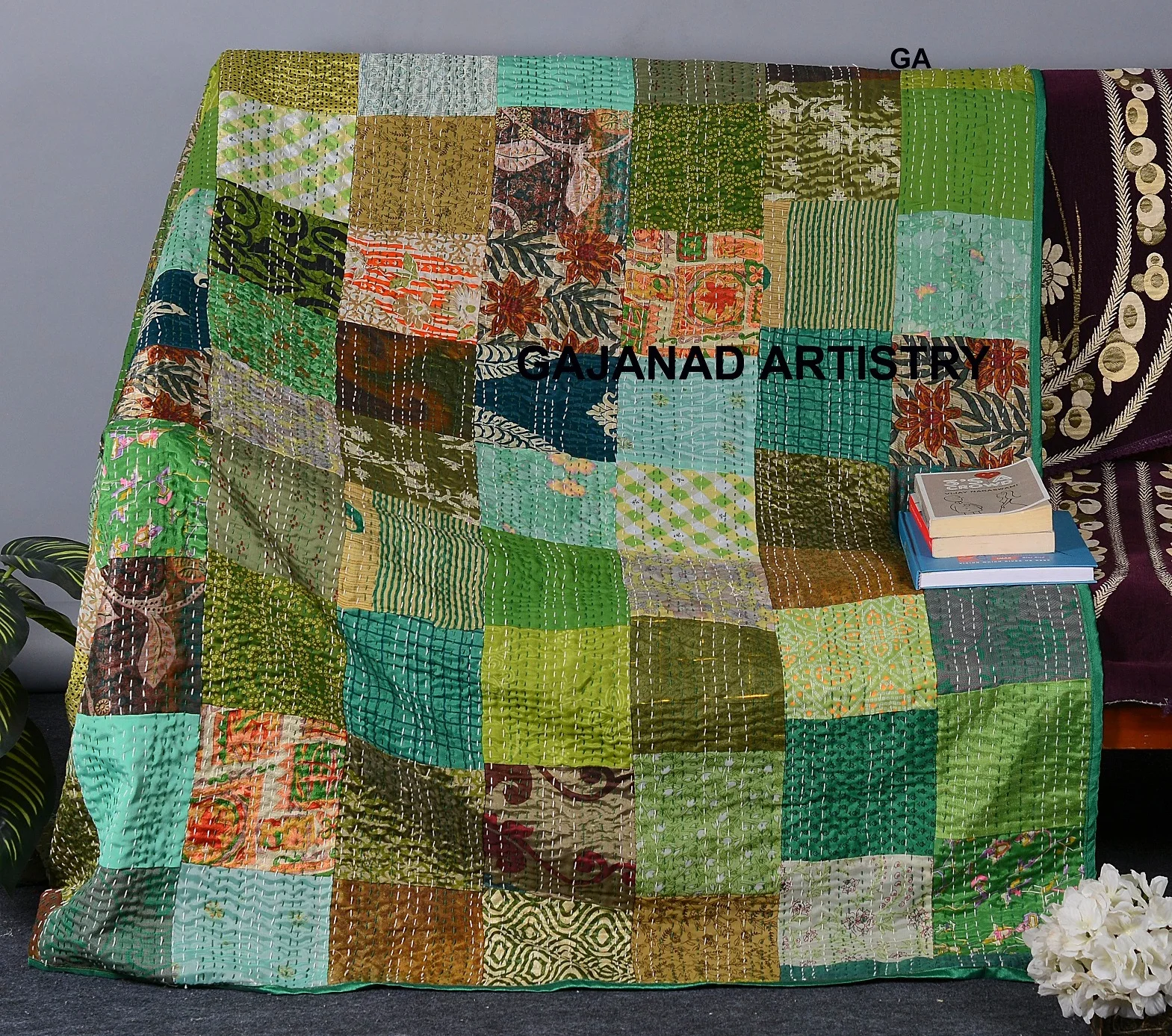 queen size kantha quilt handmade kantha bedcover bedspread blanket coverlet patola silk patch work vintage indian quilt