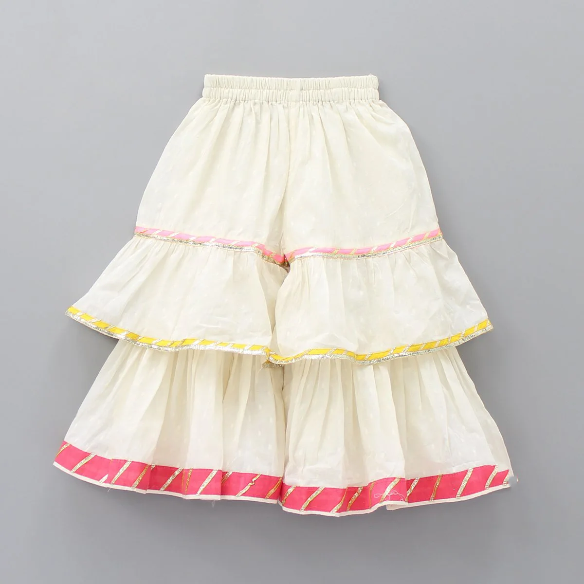 White Multicolour Bootie Kurti And Sharara With Dupatta Multicolour Thread Embroidery Layered Sharara Frills And Lace Attached