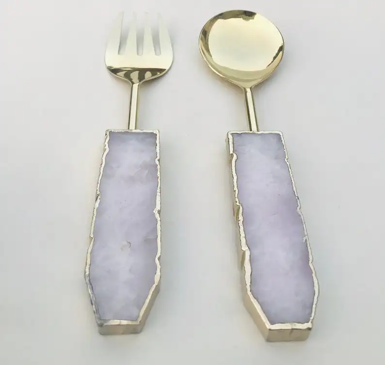 Rose Quartz Agate Spoon Set - Stone Salad Server Sets Cutlery Items