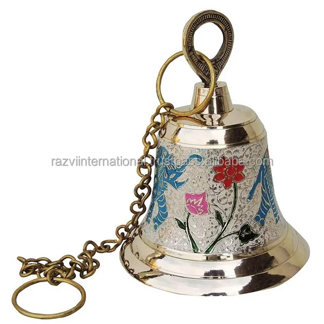 Metal brass shiny polished hand held bell wooden handle