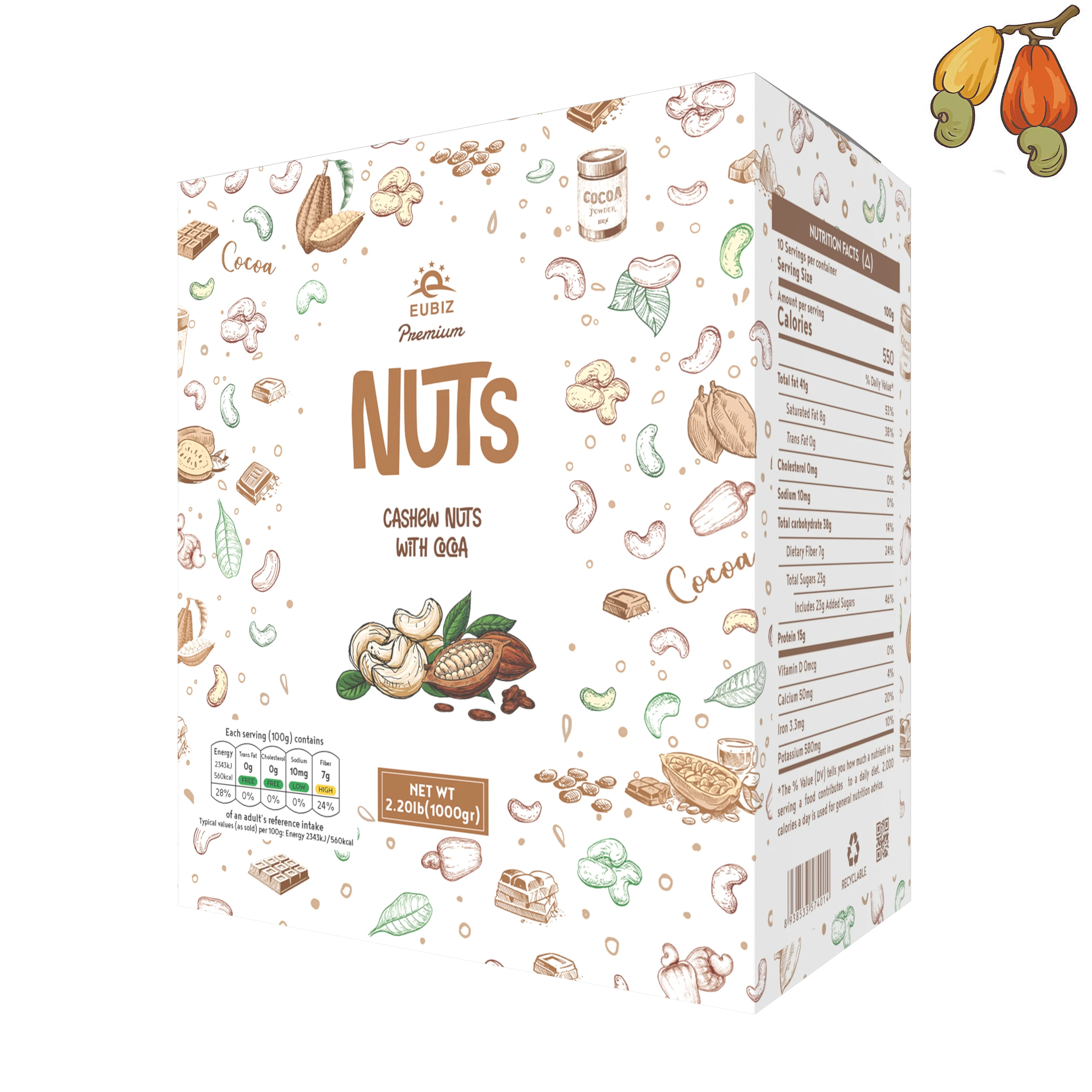 EUBIZ орехи кешью Аромат: какао (какао) коробка (пластик) 1000 г (35 3 унции) сделано во Вьетнаме закуска Keto