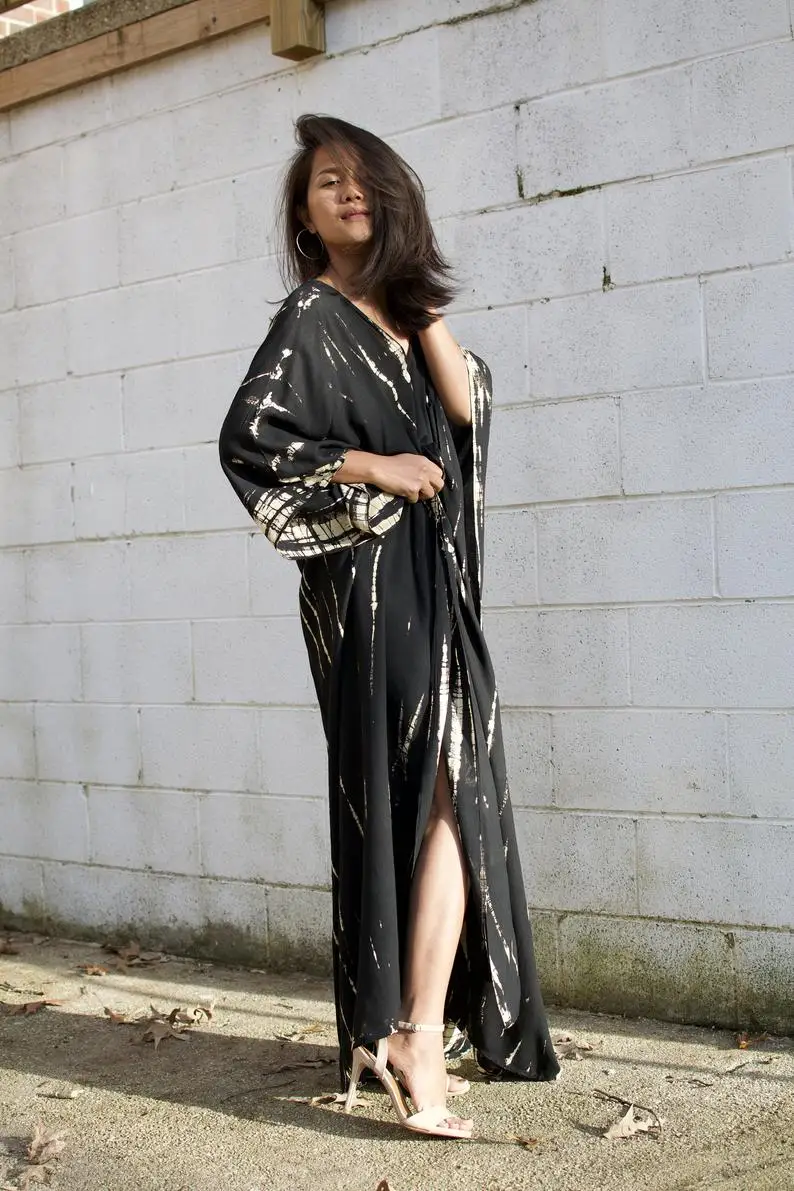 Tie Dye Kaftan Free Size Beachwear Women Dress Full Casual Dresses Trendy Adult Loose Support Tie Dye Color Blocking Rayon Dress