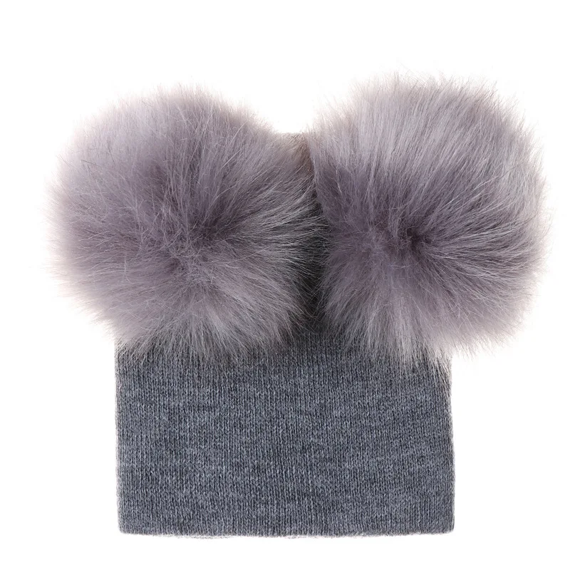 Winter Kids Babys Knit Hat With Two Fur Pompoms Boy Girls Faux Fur Ball Beanie Double Pom Pom Hat for Children Knitted Hats