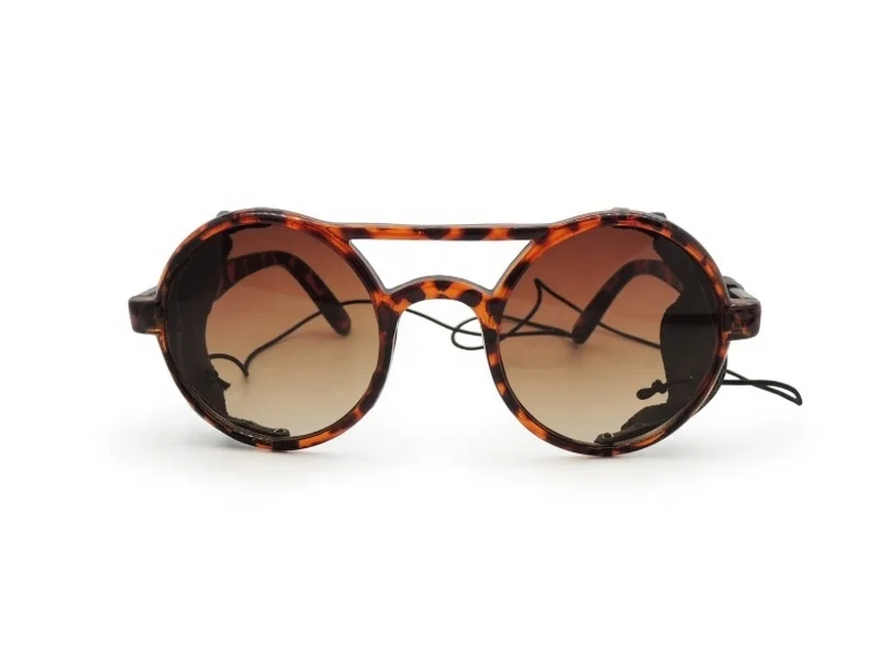 Round designer sunglasses with leather side shield