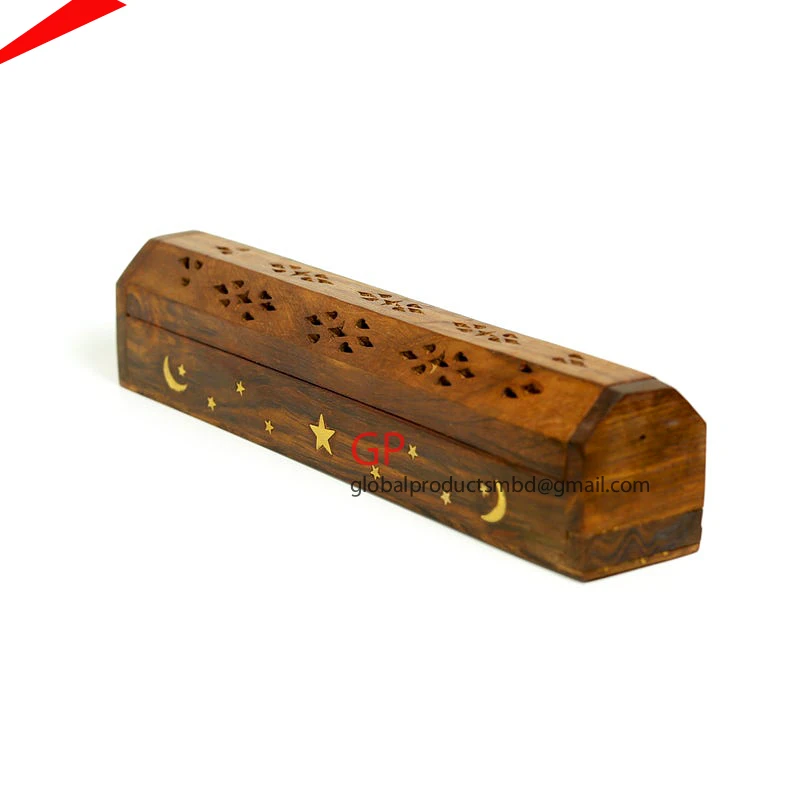 Crystal Customized Wood Sun & Moon Stick and Cone Incense Burner Enclosed Coffin Style Box  Bottom Storage