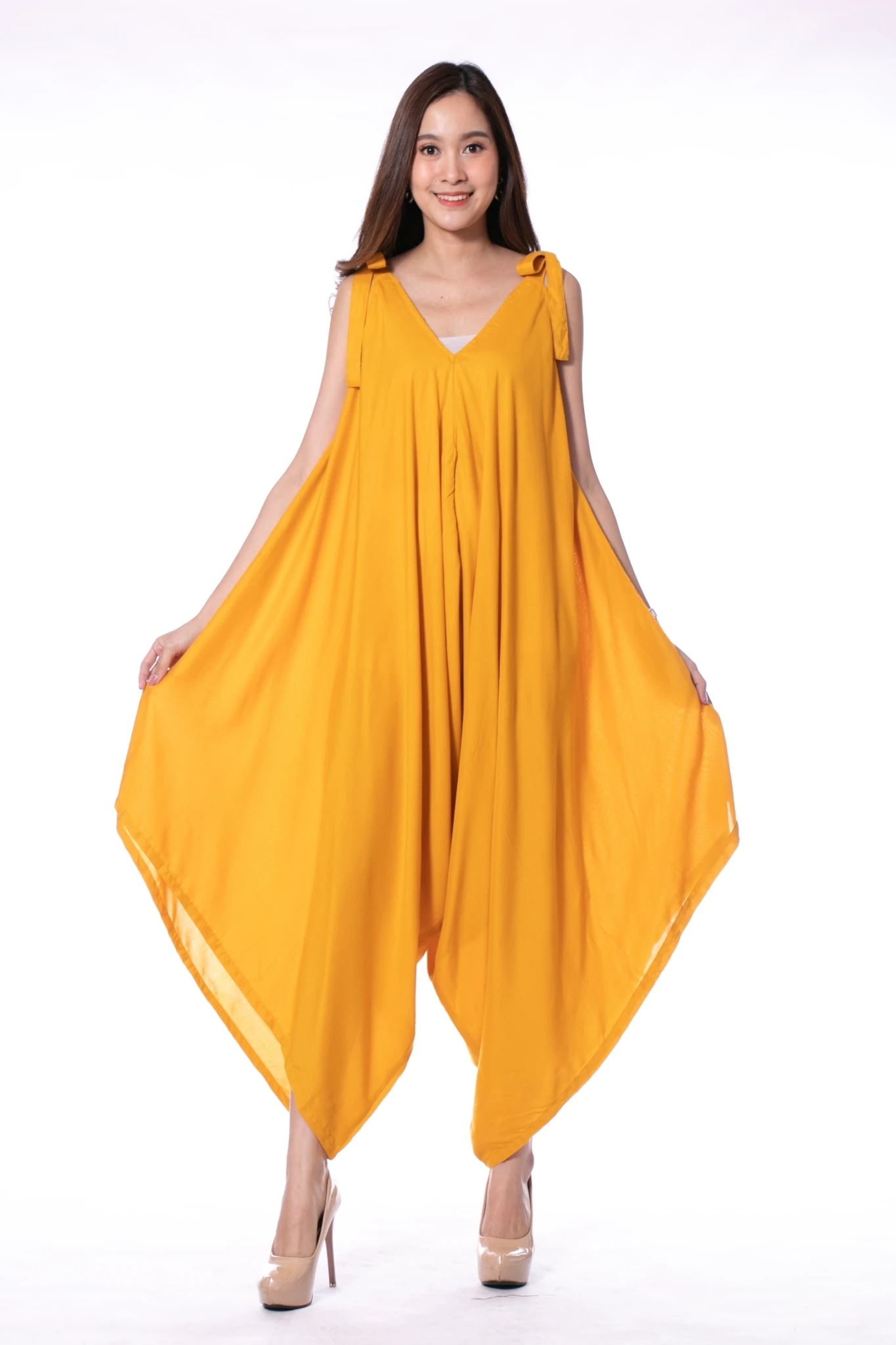 Wholesale Casual Boho Dresses Women for Summer and Spring Yellow Color Dress Wide Open Legs Pants from Thailand