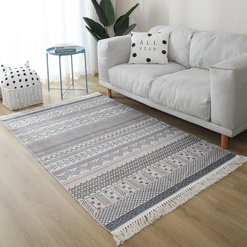 Hand Woven Cotton and Linen Rug Bohemian Area Rug Washable Throw Rug with Tassel Runner Carpet
