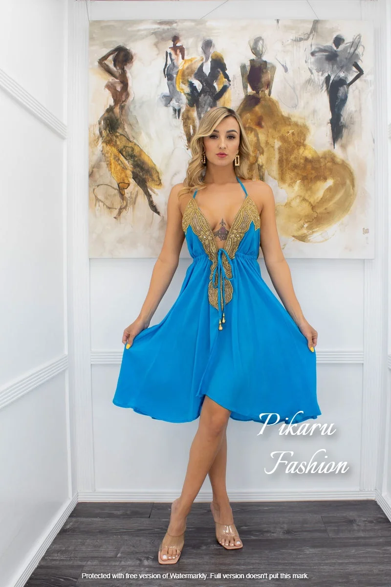 Women Sexy Party Wear Mini Dresses Embroidery Beaded Work Sleeveless Deep V-Neck Stylish Short Dress