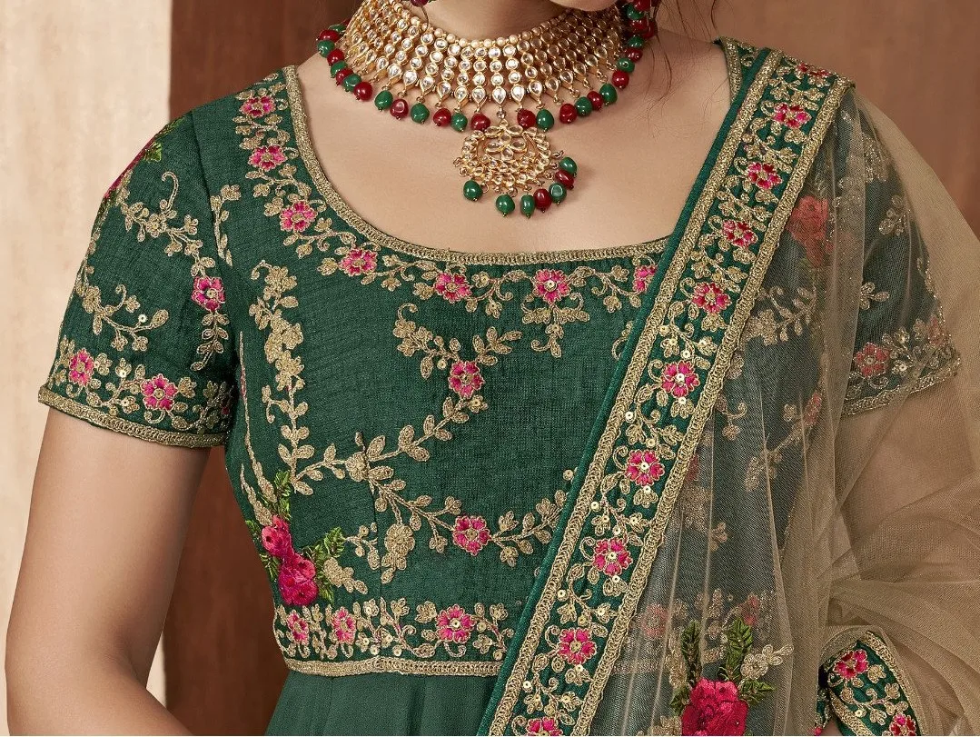 Embellished Bottle Green Georgette Semi Stitched Anarkali Suit Set Rich Material High-Quality Fabric Parties Festivals Functions