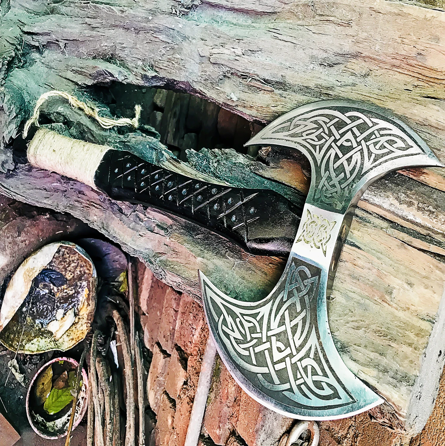 Custom Handmade Double Carbon Steel Axe Double Headed axe War Battle. Wood handle with leather sheath