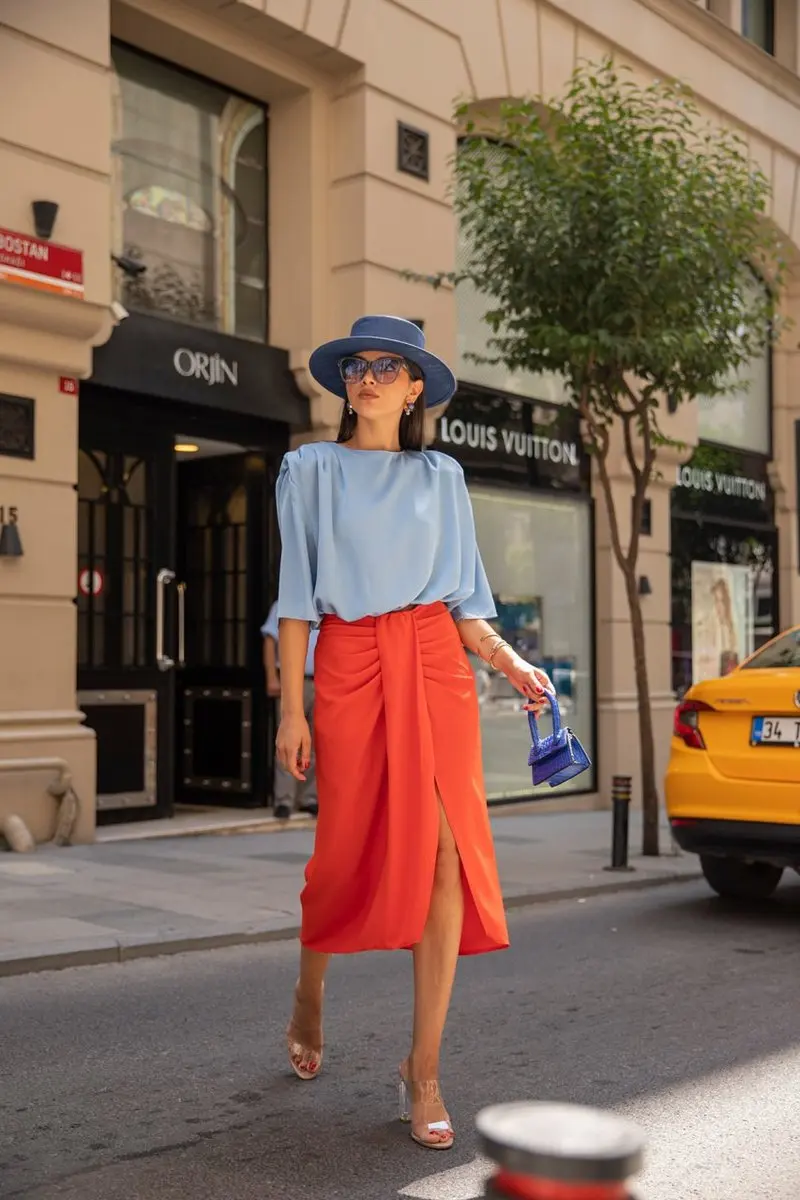 
Sexy Romantic Dipped Hem Skirt With Front Slit Midi Dress Orange 