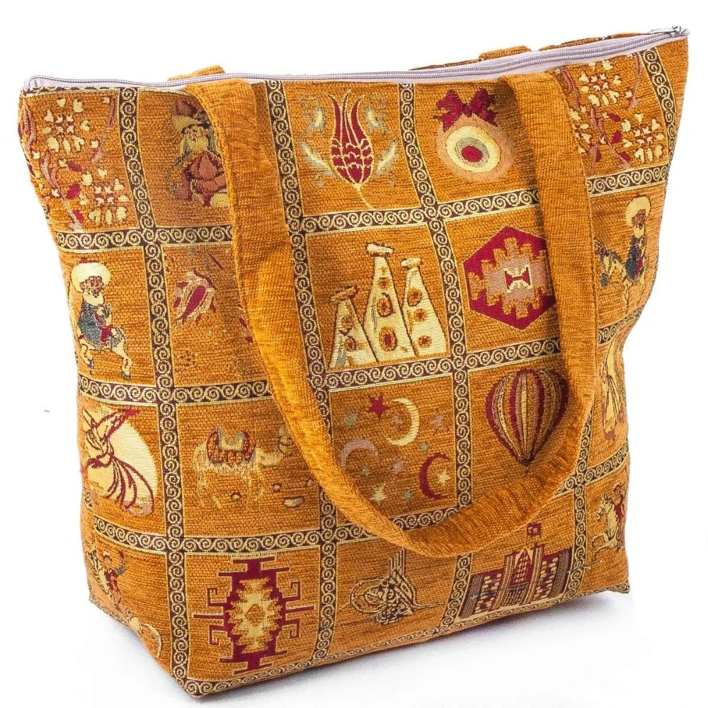 Orange Turkish Authentic Beach Bag With Small Patchwork Turkey Motives