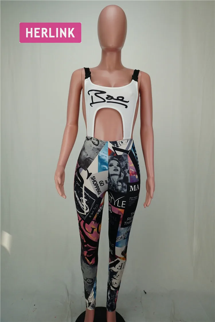 H1255 ladies modern hollow out backless letter print bandage jumpsuit
