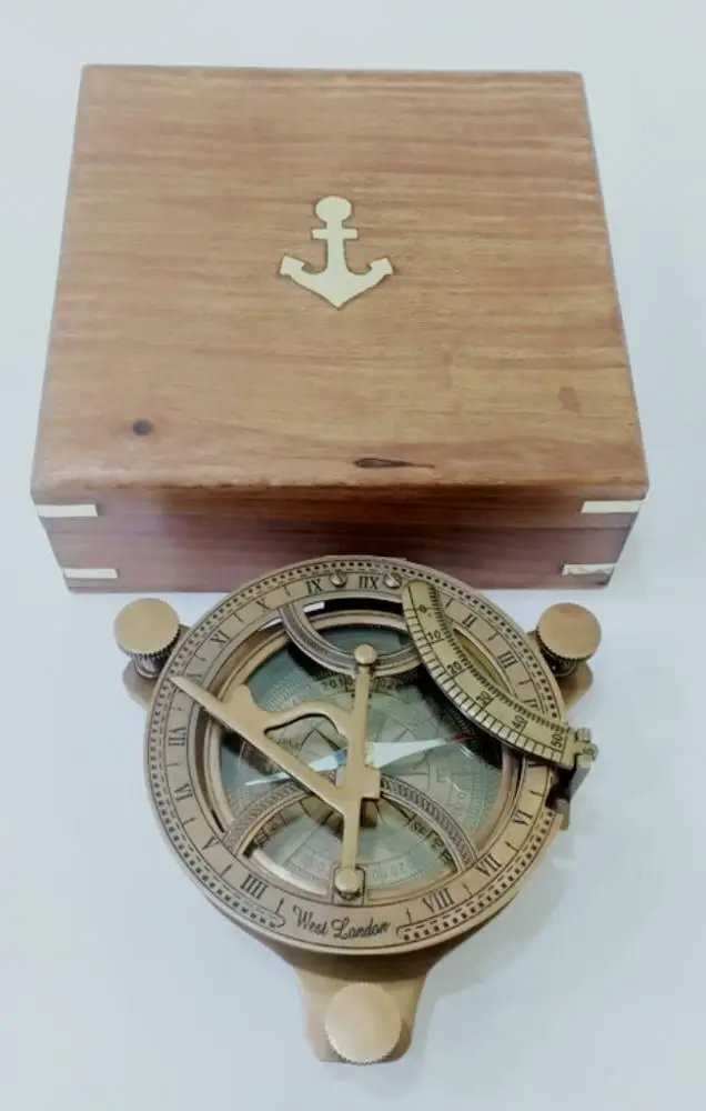 Античный латунный солнечный компас, 4 дюйма, коробка из натурального дерева