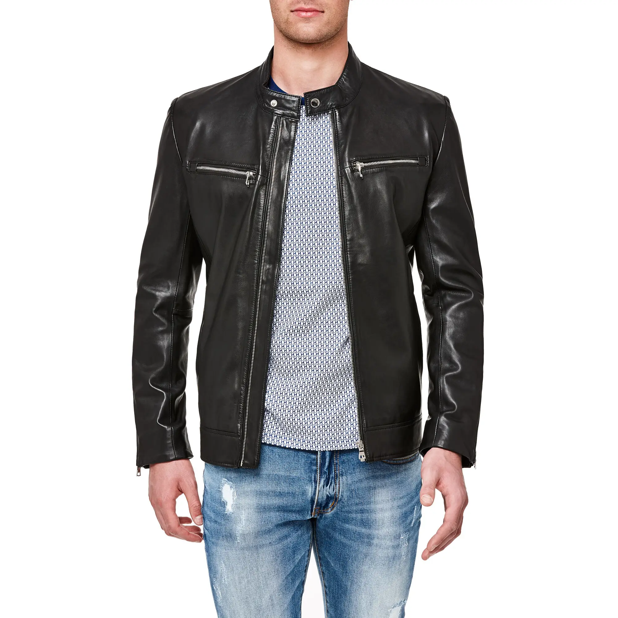 Wholesale Fashion Faux Leather Motorcycle Short Stand Collar Zip Jacket / Mens Fully Heavy Winter Goat Leather Jackets