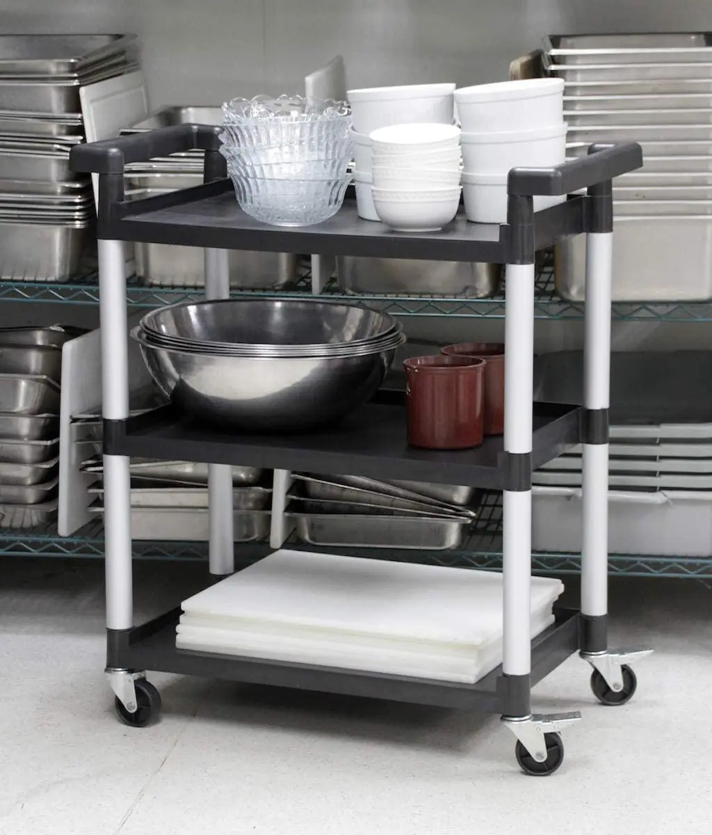 3-Shelf Black Utility Plastic Cart with Wheels Kitchen Island Trolley Serving Cart Foodservice Restaurant Cleaning