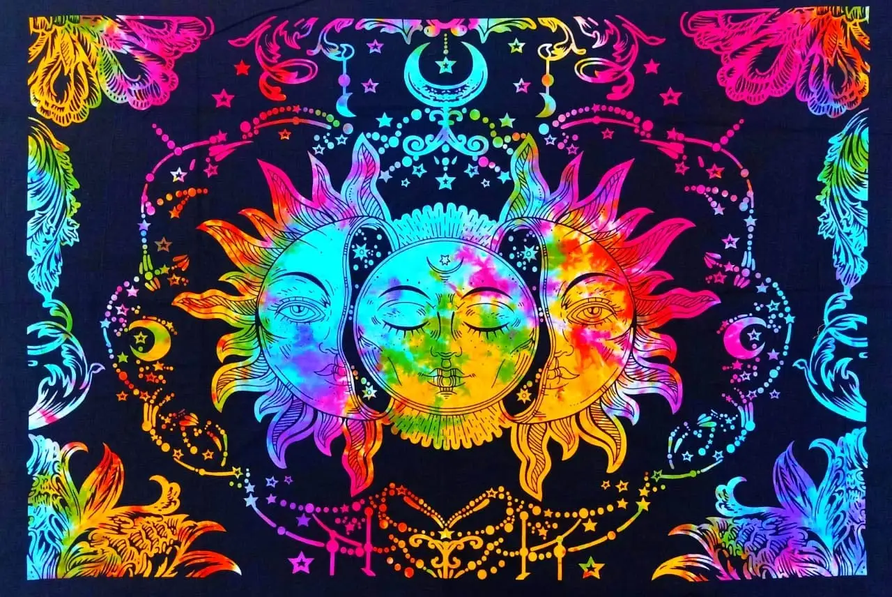 Indian Psychedelic Sun Moon Tie Dye Mandala Hippie Hippy Celestial Wall Hanging Indian Bohemian Tapestries Multi color cotton