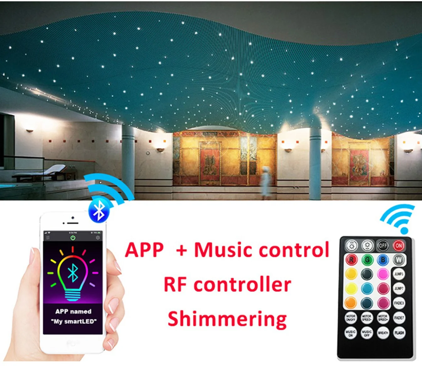 DIY Twinkle Lights On Bedroom Ceiling - 27W RGBW Wilress Bluetooth Fiber Optic Illuminator + 500PCs 0.75mm Fibre Optical Cables