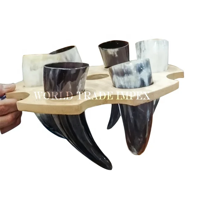 
Top quality wooden rack with drinking horn set of six 