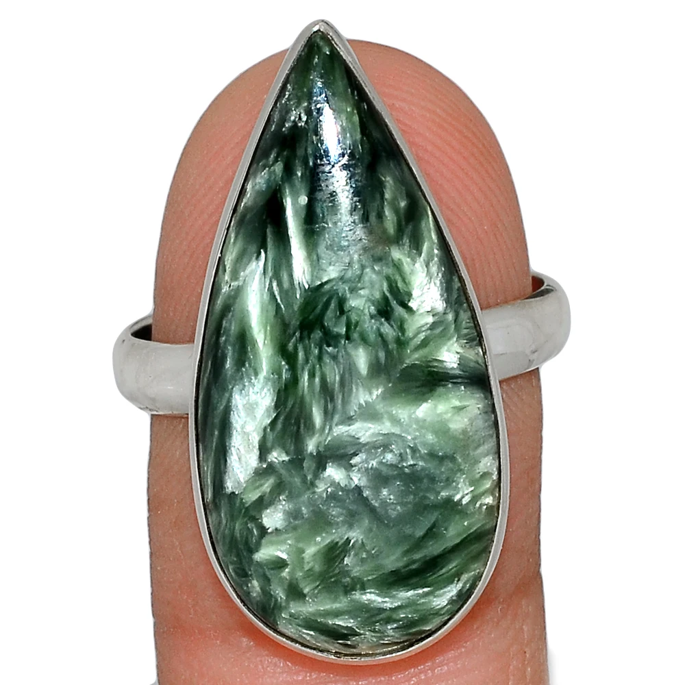 Genuine Seraphinite Stone Ring Silver Metal 925 Sterling Handcrafted Jewelry Rings Wholesale Dealer China