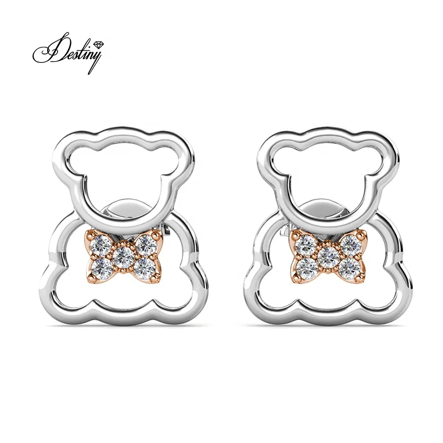 Premium Austrian Crystal Kids Jewelry Cute Mr Bear Hypoallergenic Stud Earrings For Little Girl Destiny Jewellery