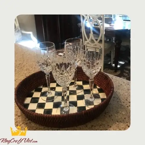 Handwoven Round Caro Ceramic Rattan Tray Serving Tray Food Basket Kitchen Decor Made by Vietnamese FBA Amazon