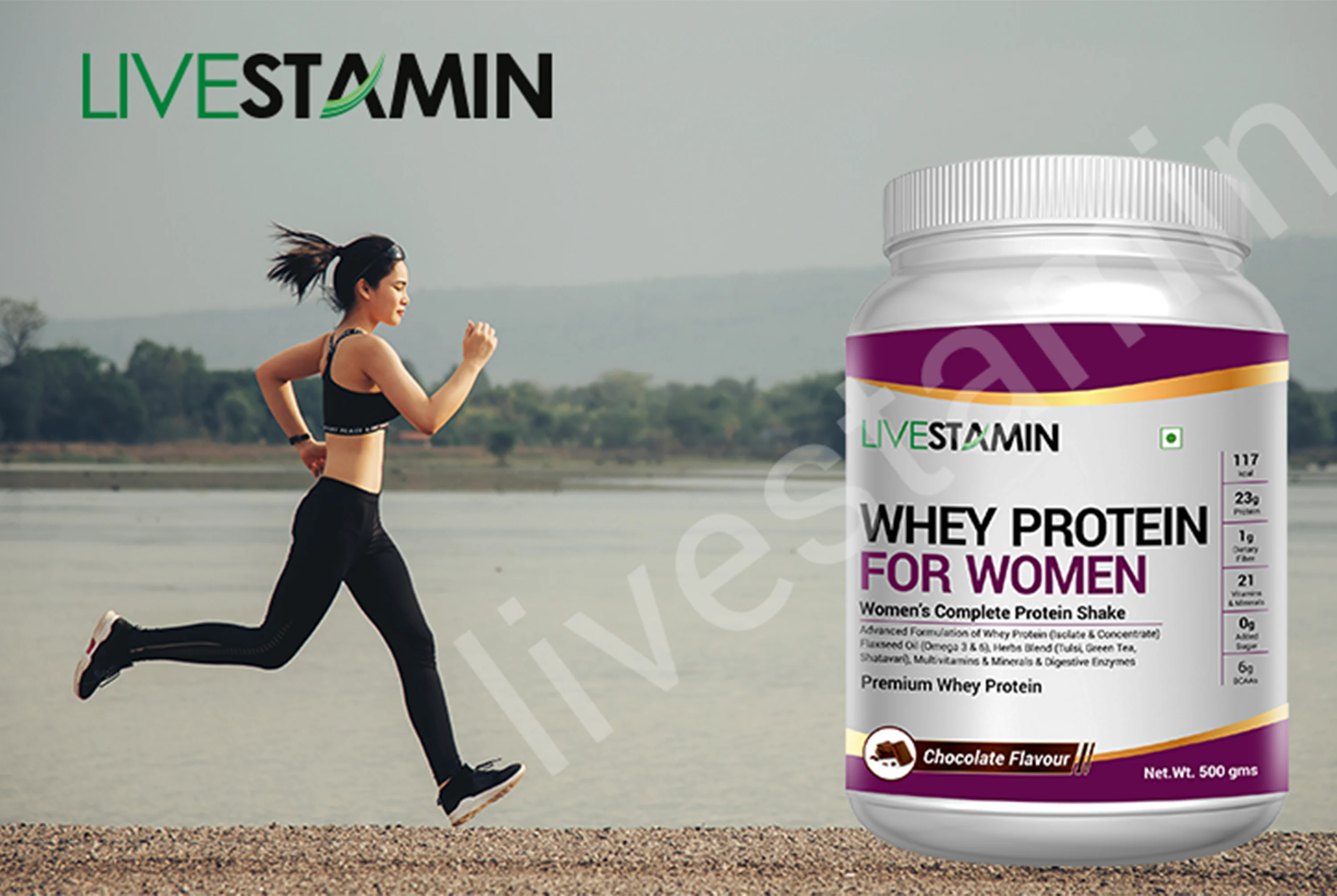 Whey Protein Powder for Women Gym Supplement Ayurvedic Herbs 21 Vitamins Minerals Omega 3 6 Digestive Enzymes 500g Chocolate GMP