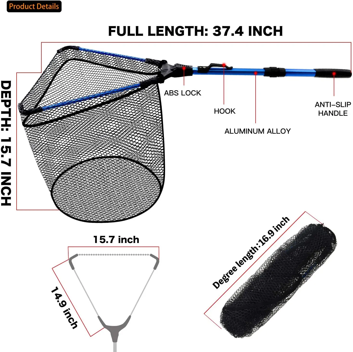 Folding Landing Net Collapsible Fishing Nets with Telescopic Pole Handle Rubber Coating Knotless Mesh