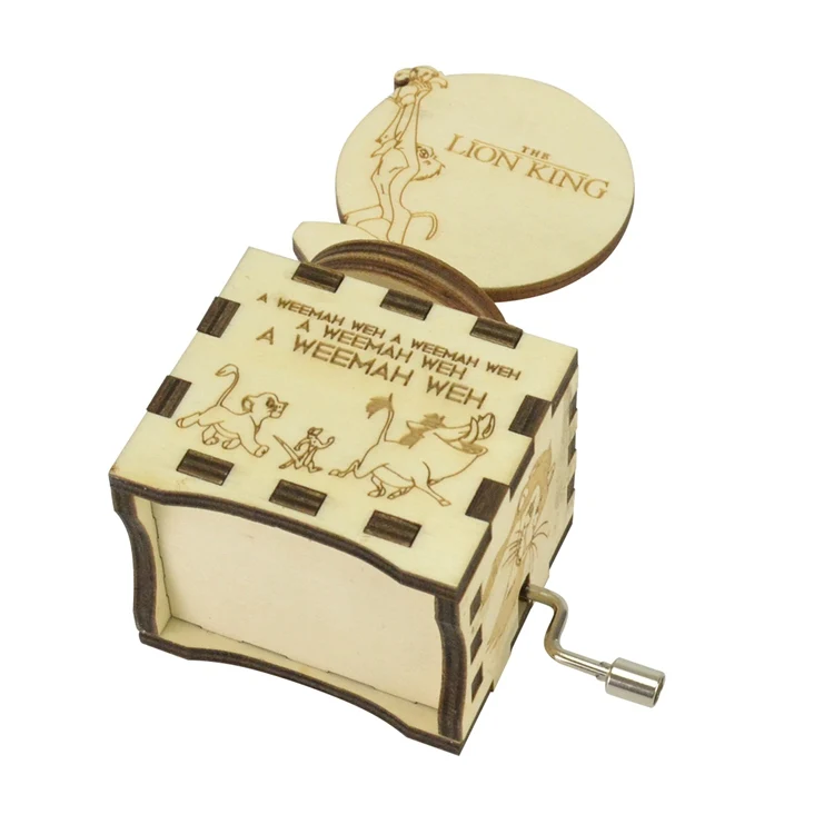 Wooden hand crank top part rotating music box lion king