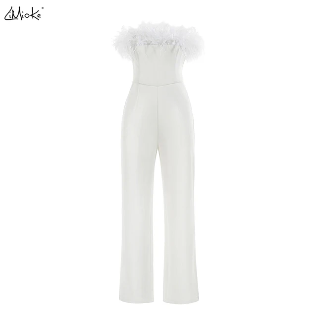 Лидер продаж женский комбинезон LiMioKe019 INS без бретелек с перьями белый корсет топ сексуальный цельный элегантная осенняя одежда для женщин