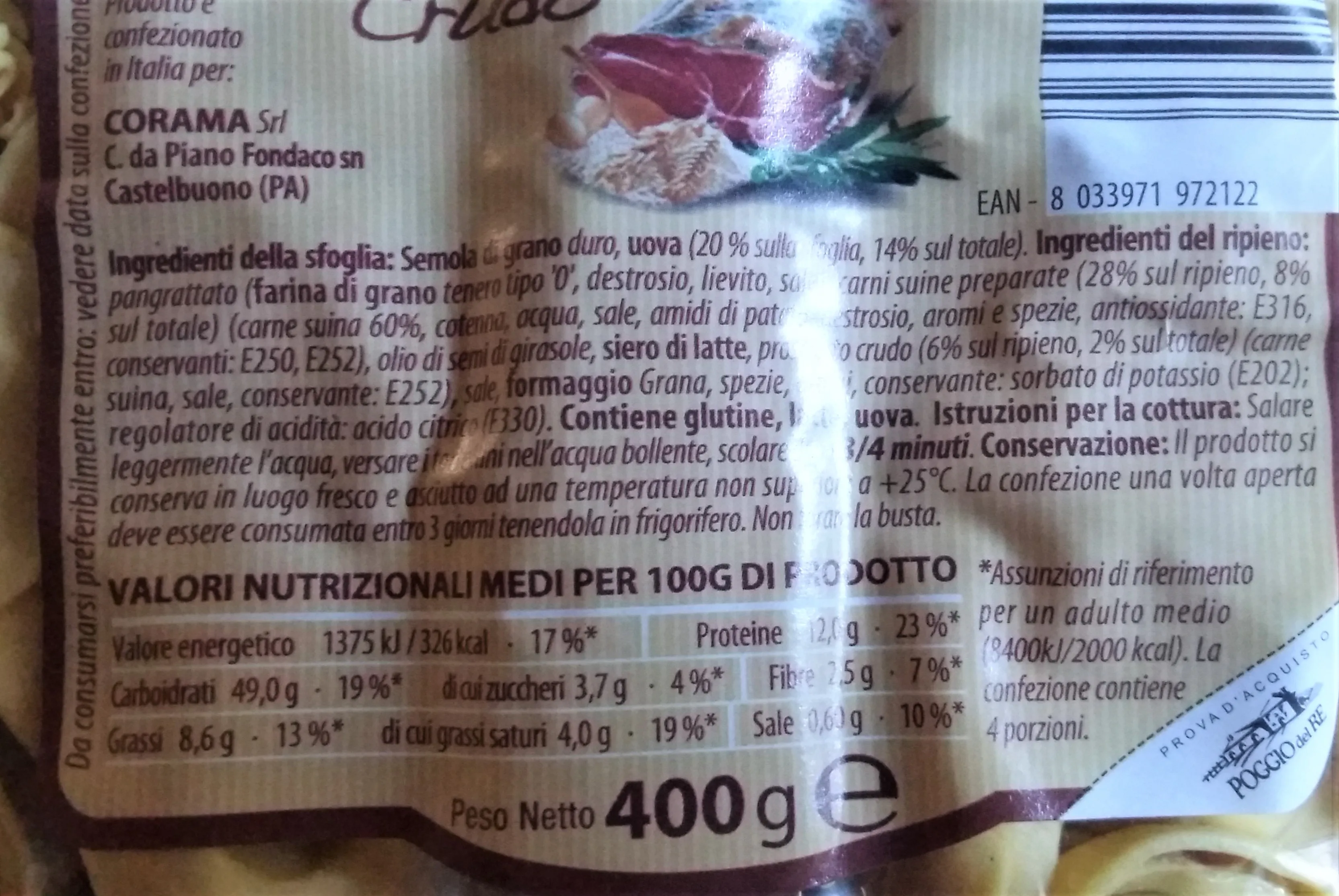 
HAM FILLED TORTELLINI - DOUBLE PACK- 400 g - Italia POGGIO DEL RE 