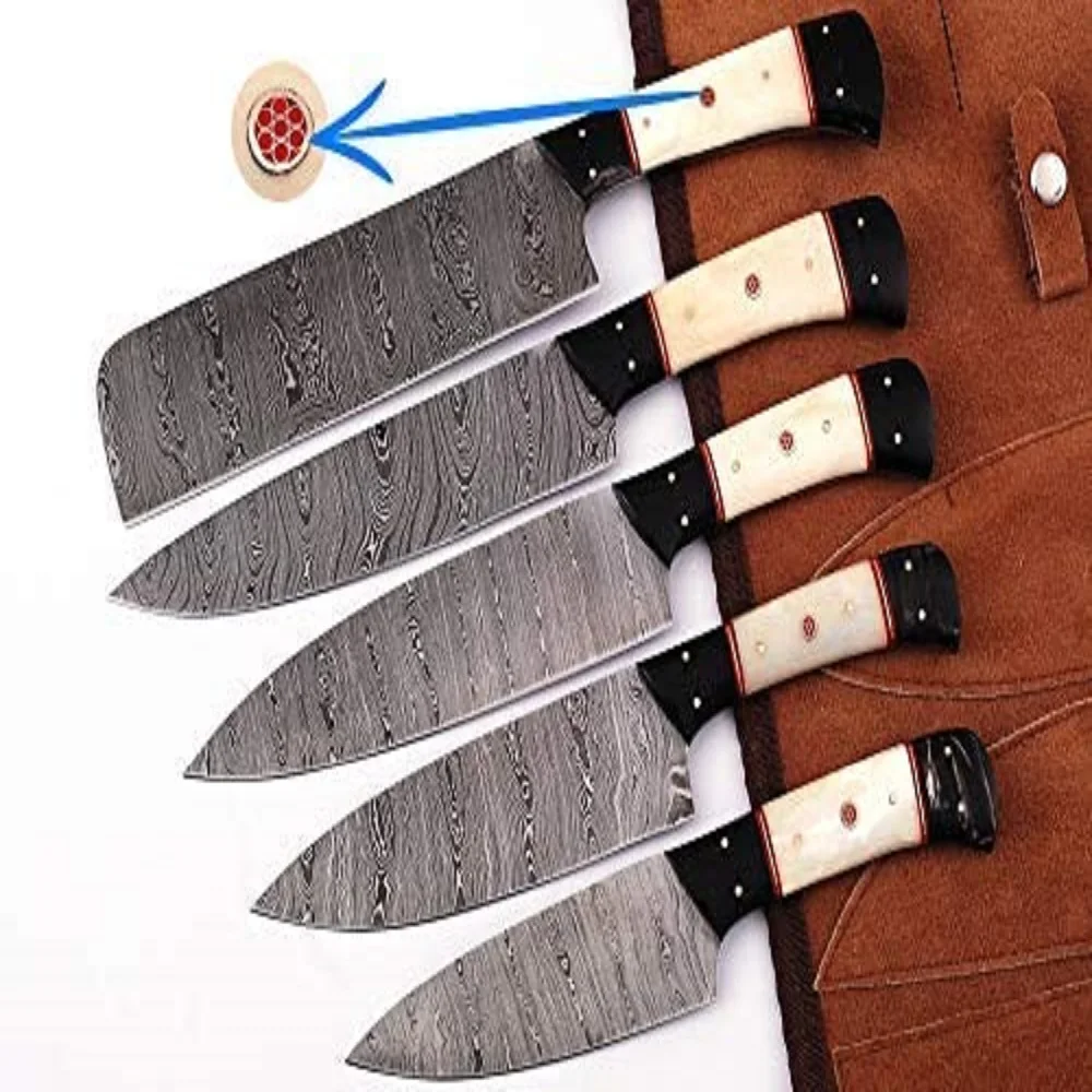 
Ручной нож из дамасской стали для шеф-повара, ножи Набор из 6 для использования на кухне ручной Кузница нож с кожаным чехлом с фиксированным лезвием KK-08 Подарочный нож 