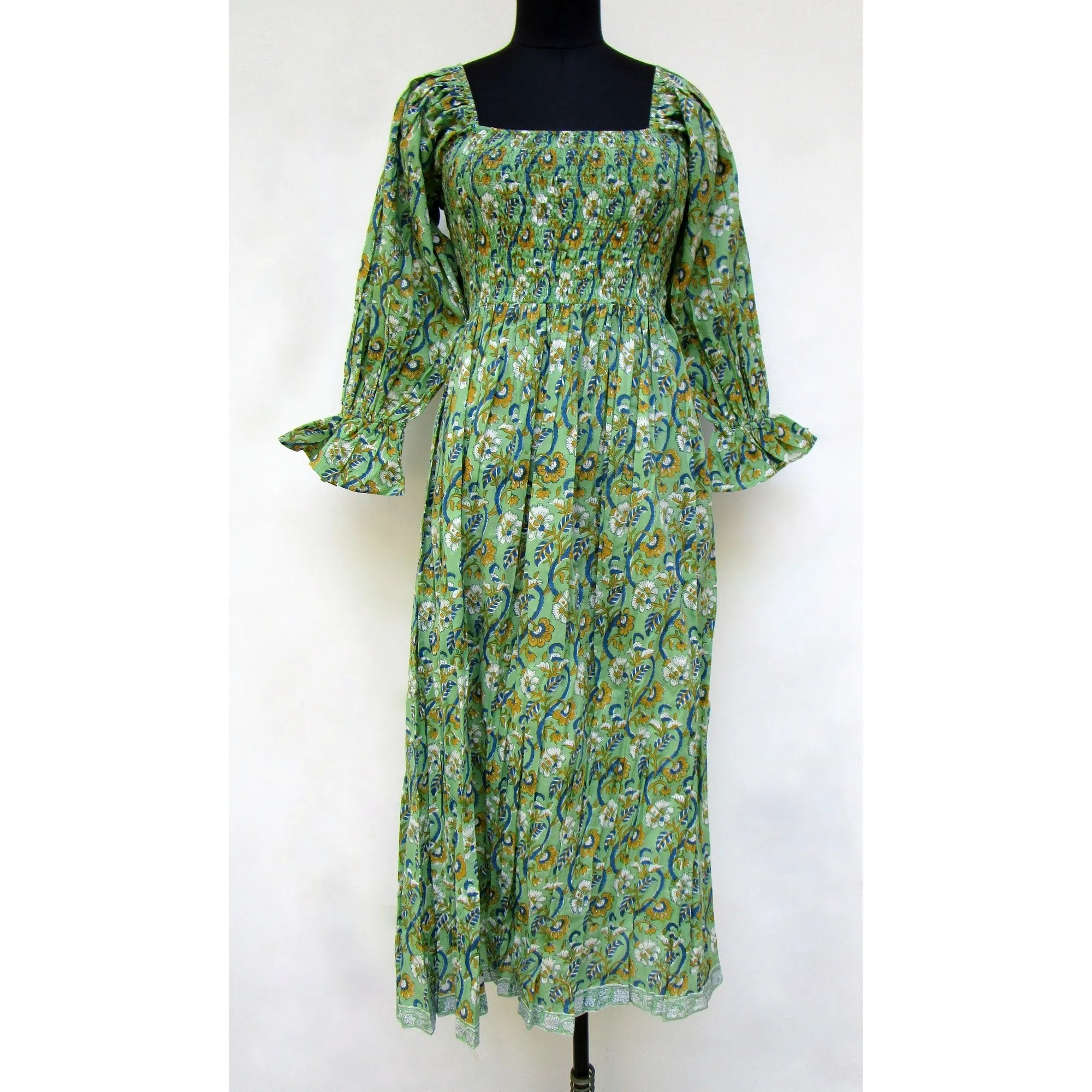 Womens casual wear long sleeve cotton dress in smocking yoke long sleeve maxi dresses