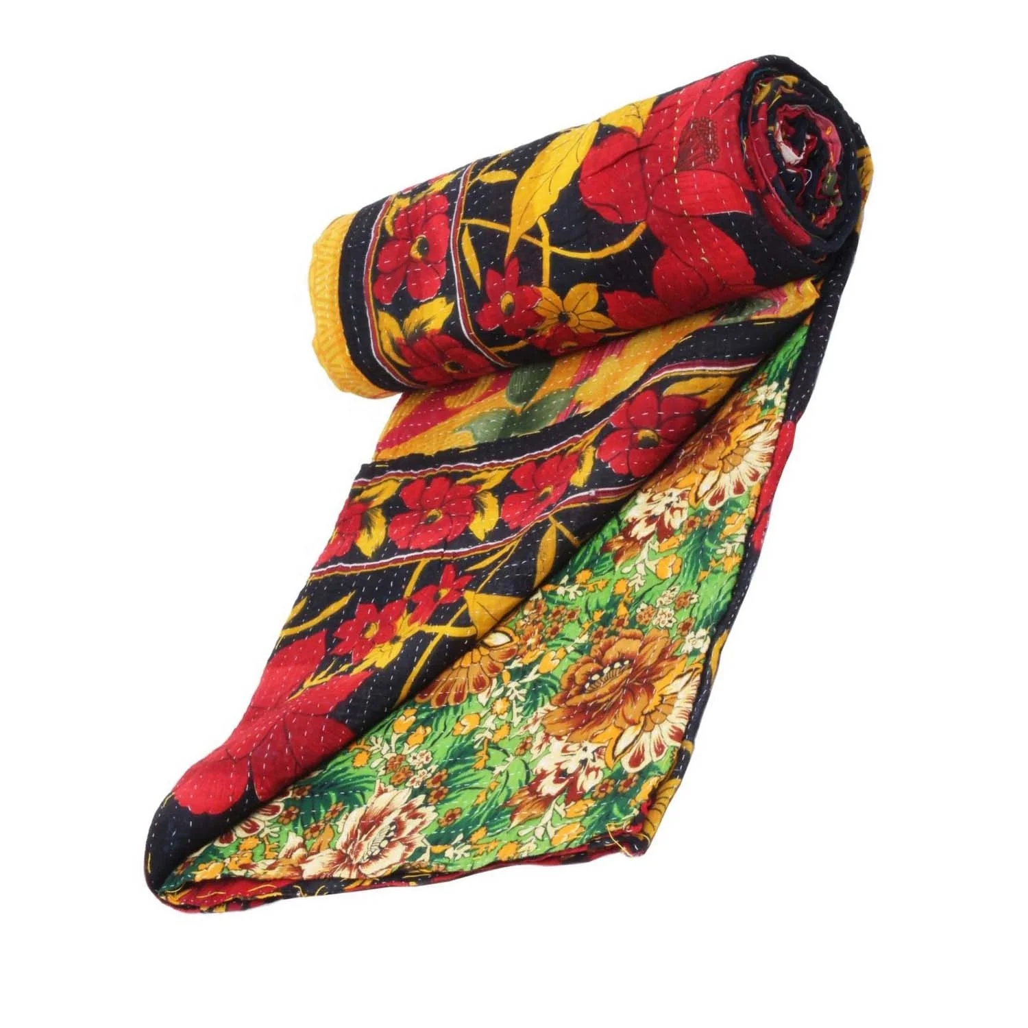 wholesale Indian bed spreads and quilts kantha vintage patchwork throw Indian Reversible hand stitched heavy throw old sari