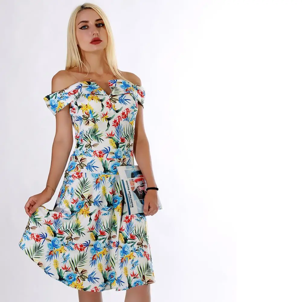 Colorful Flower Print Carmen Neck Women Dress