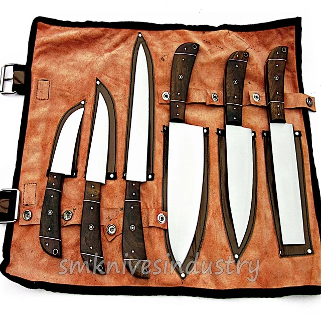 Набор кухонных ножей ручной работы из 6 предметов с лезвием из нержавеющей стали и кожаным набором (Smk1458)